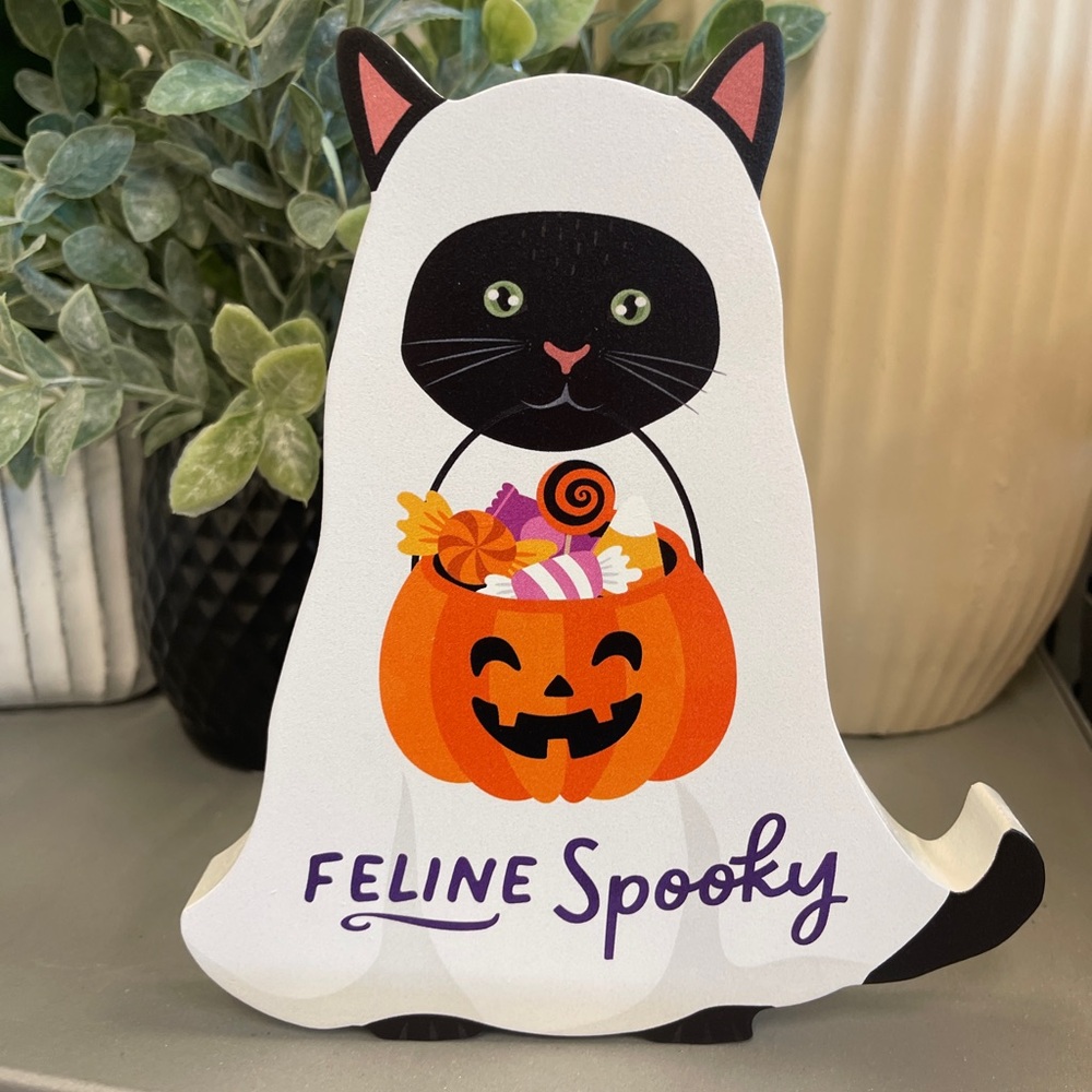 Halloween Ghost Cat Black Cat Trick or Treat Feline Spooky Wooden Tabletop Decor